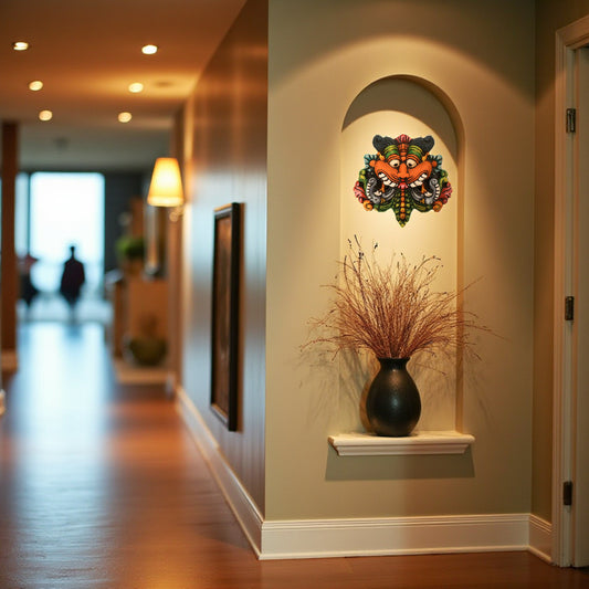 Hand-carved and hand-painted Yaali face wooden wall mount decor