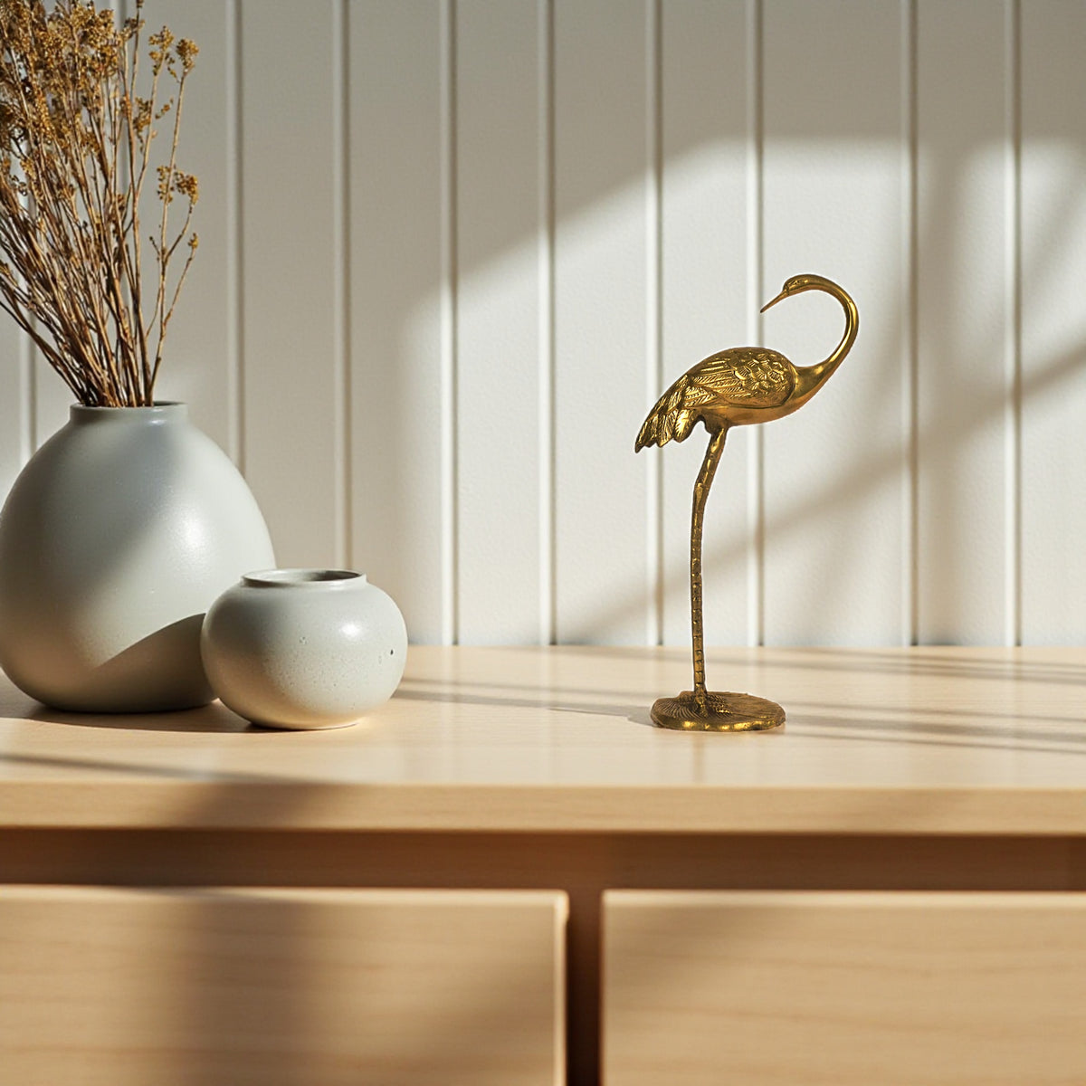 Handcrafted brass crane statue for tabletop and home decor accent