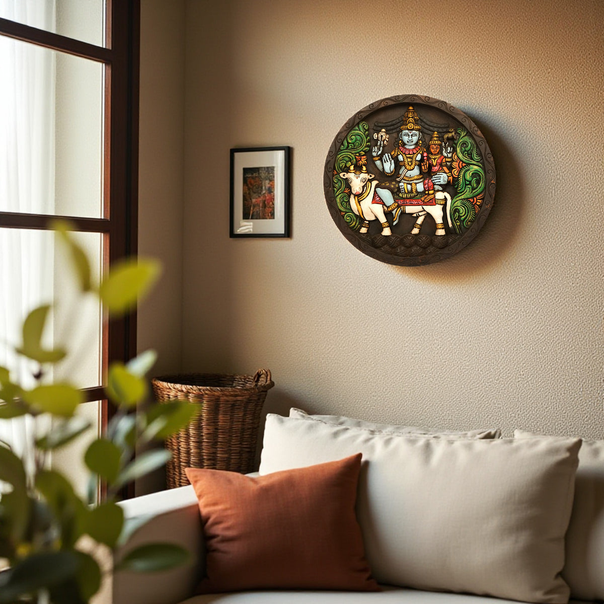 Hand-Carved Nandi Circle Wooden Wall Frame