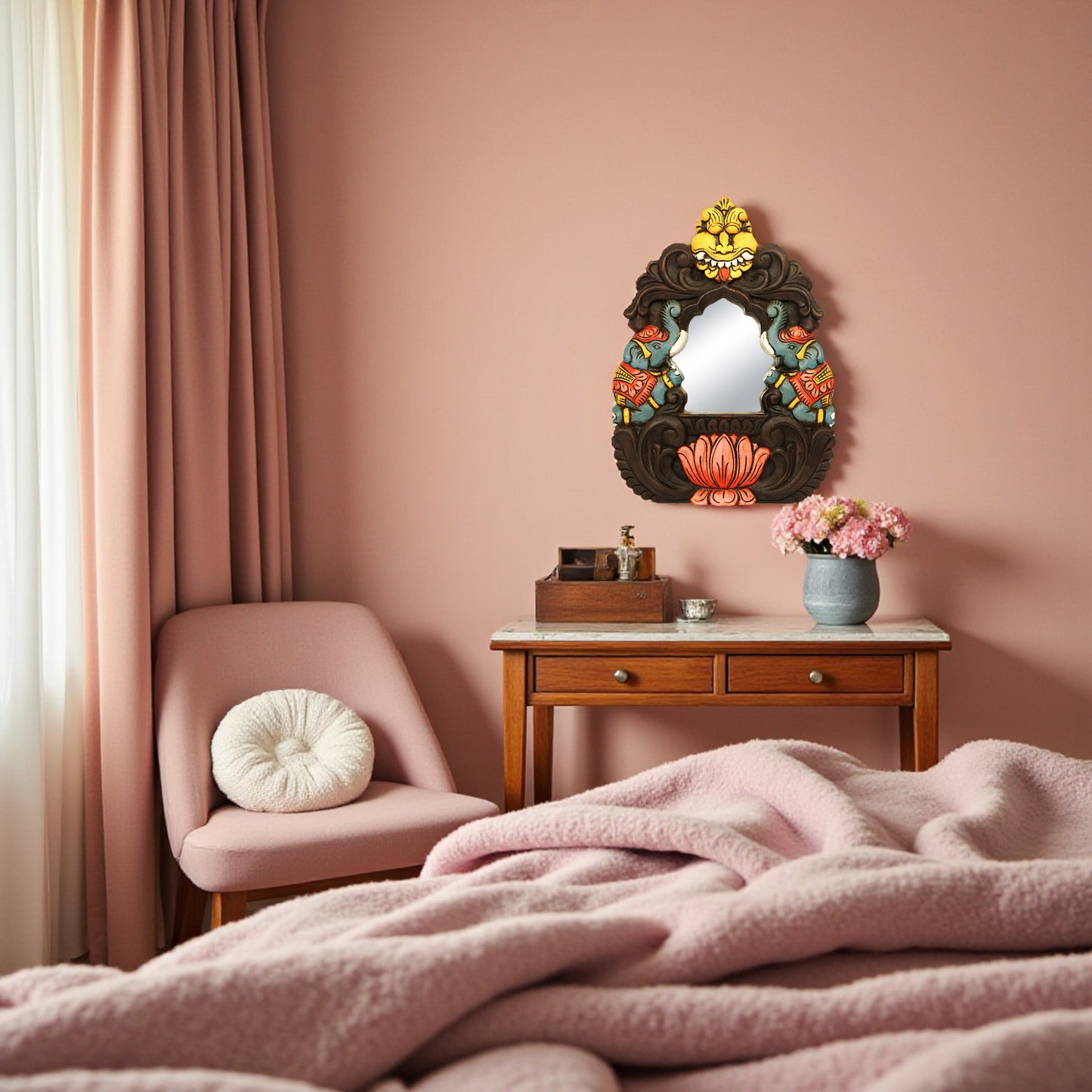 Traditional elephant lotus wooden mirror frame