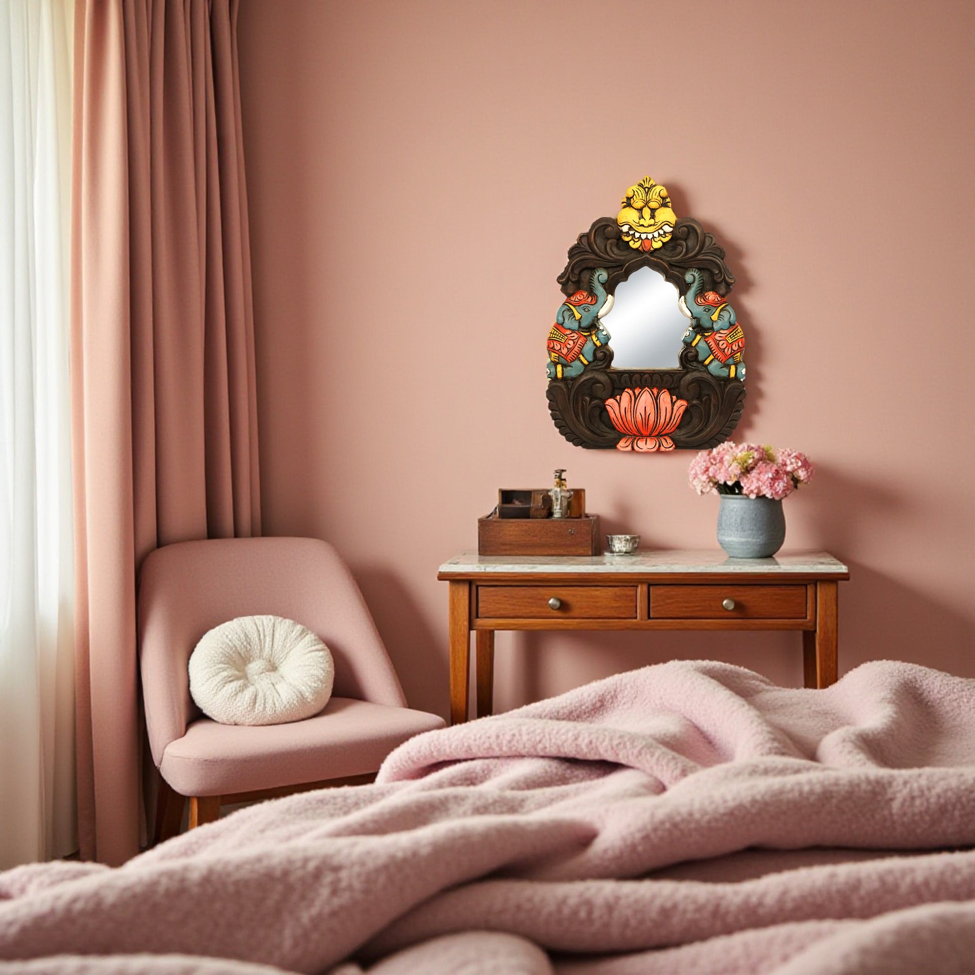 Traditional elephant lotus wooden mirror frame