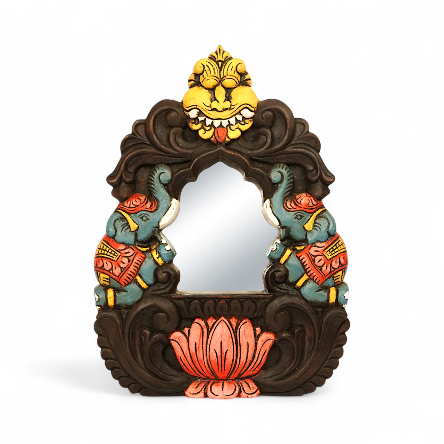 Traditional elephant lotus wooden mirror frame