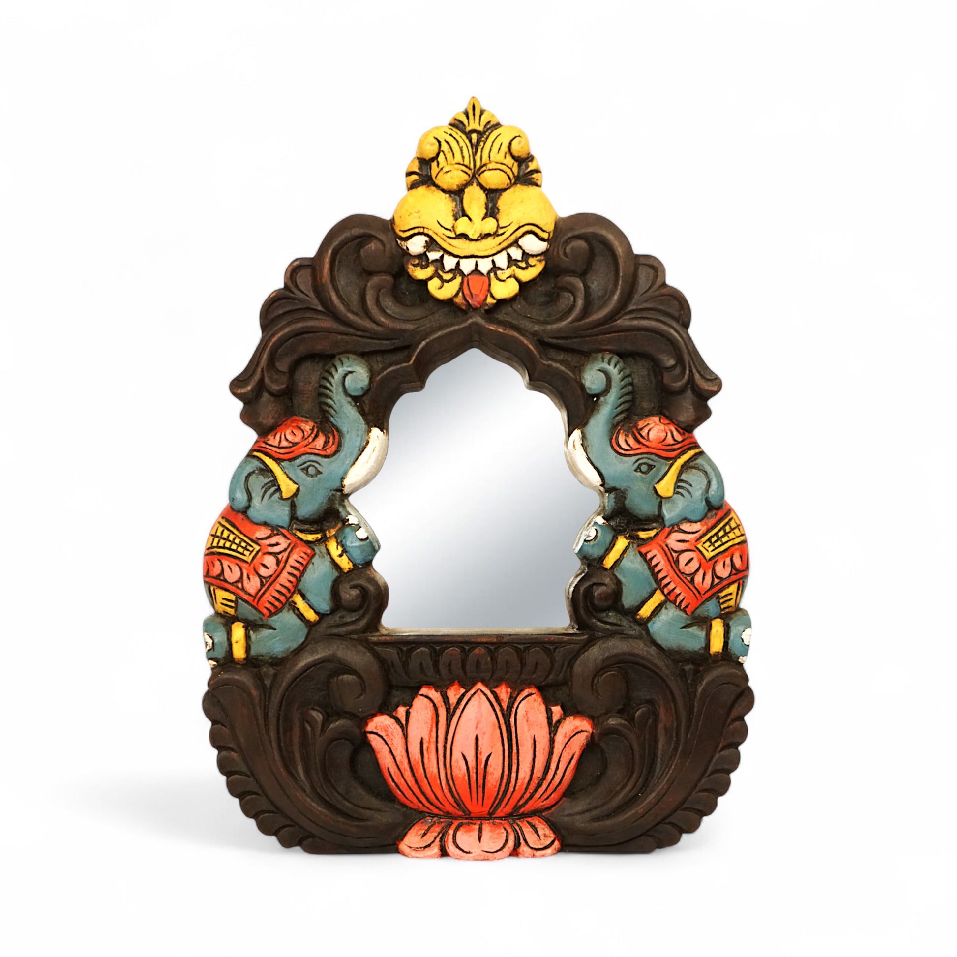 Traditional elephant lotus wooden mirror frame