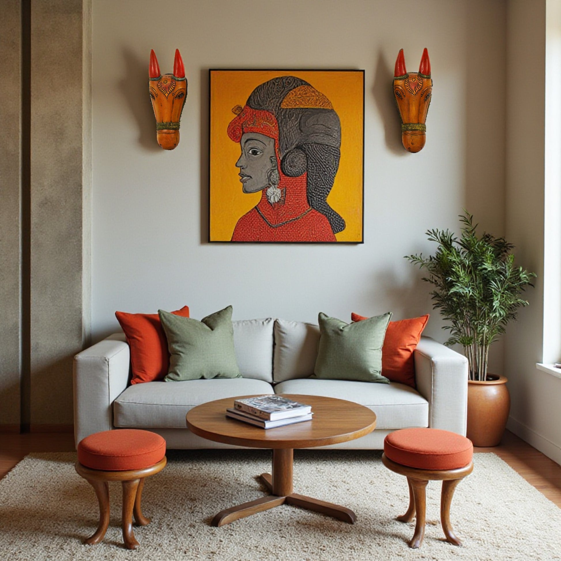 Traditional South Indian wooden horse face wall sculpture for Indian home decor