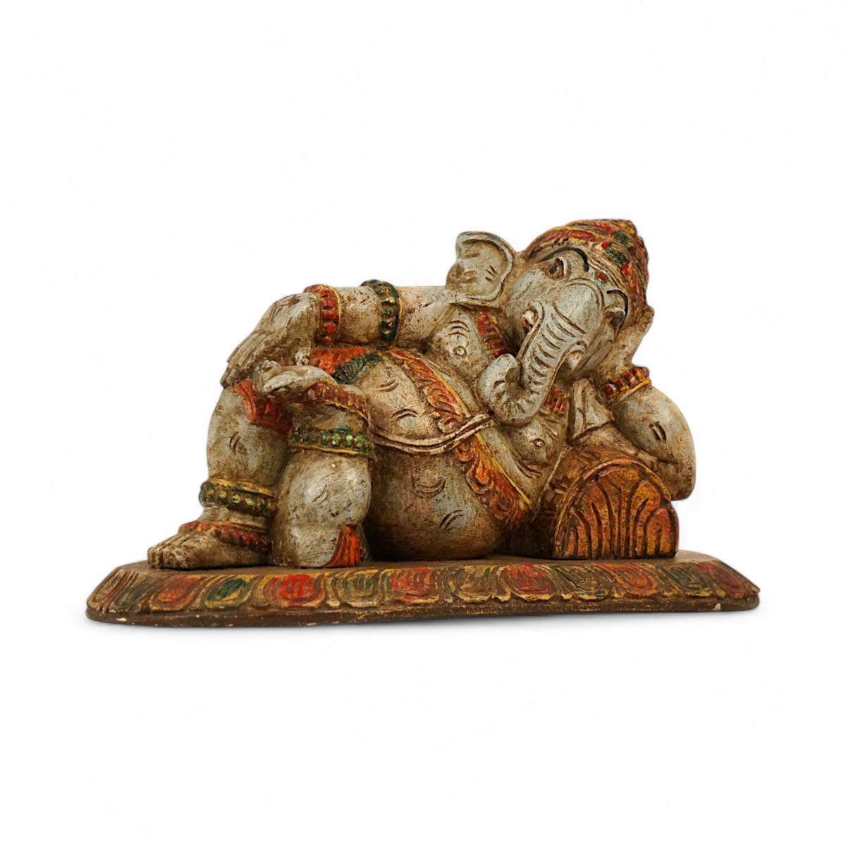 Relaxed Ganesha Old Polish Blue Wood Sculpture