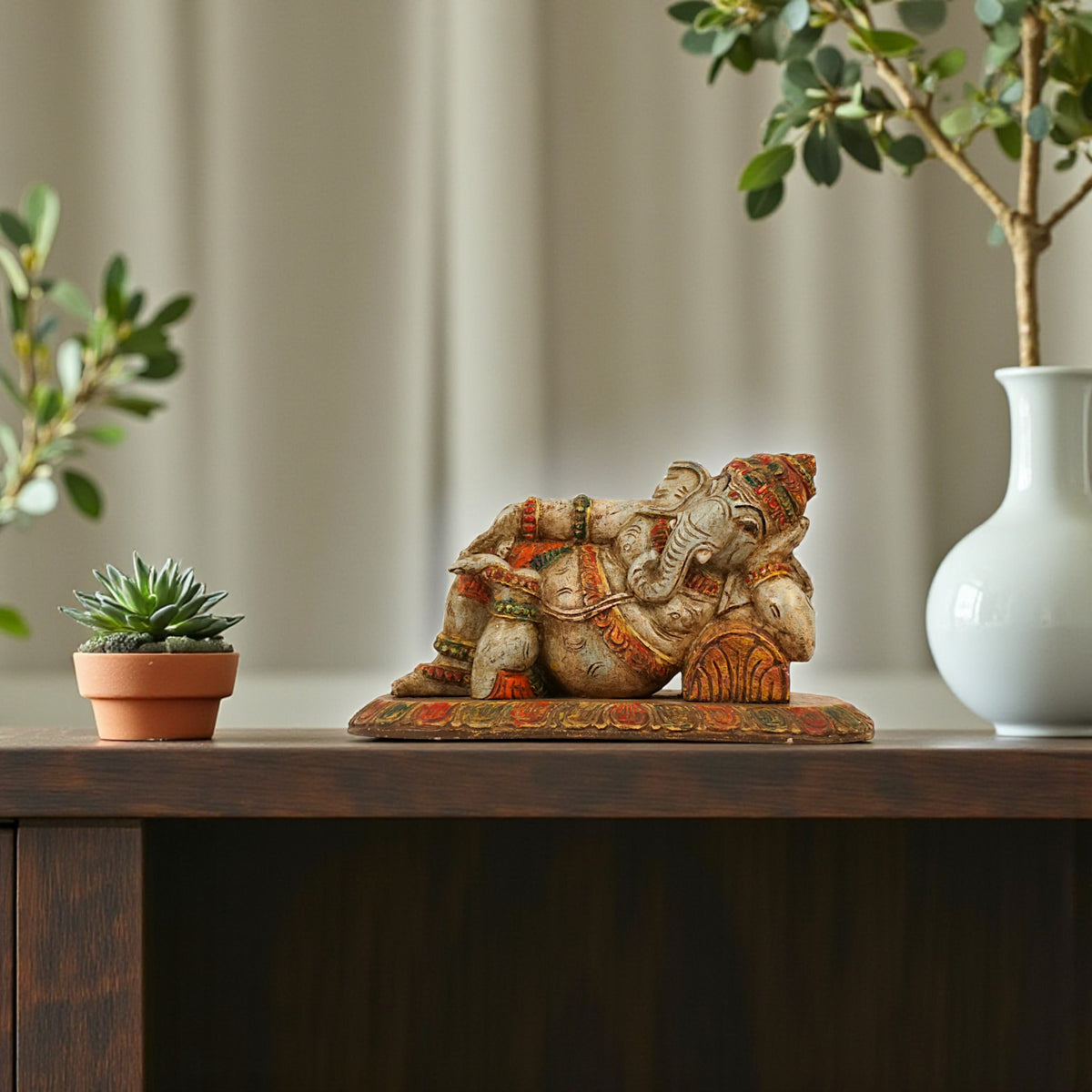 Relaxed Ganesha Old Polish Blue Wood Sculpture