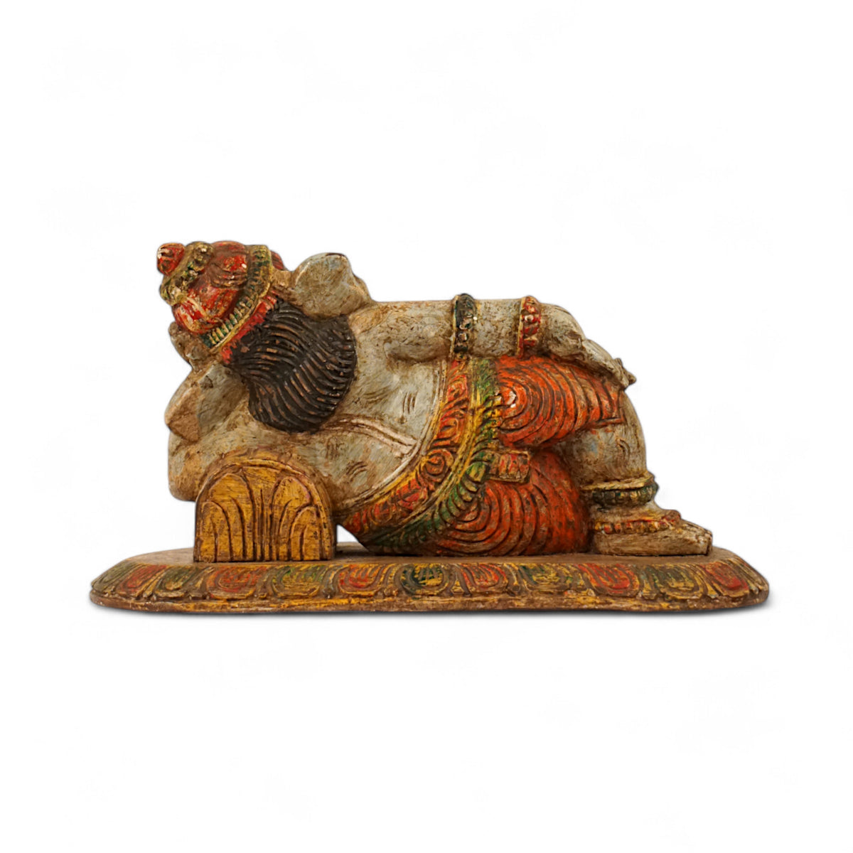 Relaxed Ganesha Old Polish Blue Wood Sculpture
