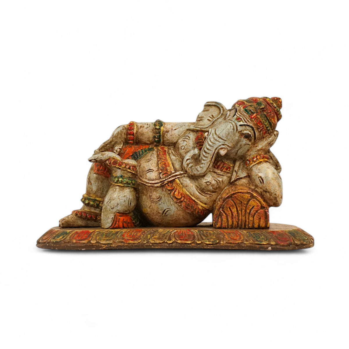 Relaxed Ganesha Old Polish Blue Wood Sculpture