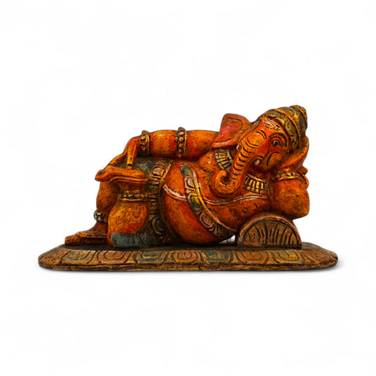 Hand-carved Relaxed Ganesha wooden sculpture for home decor