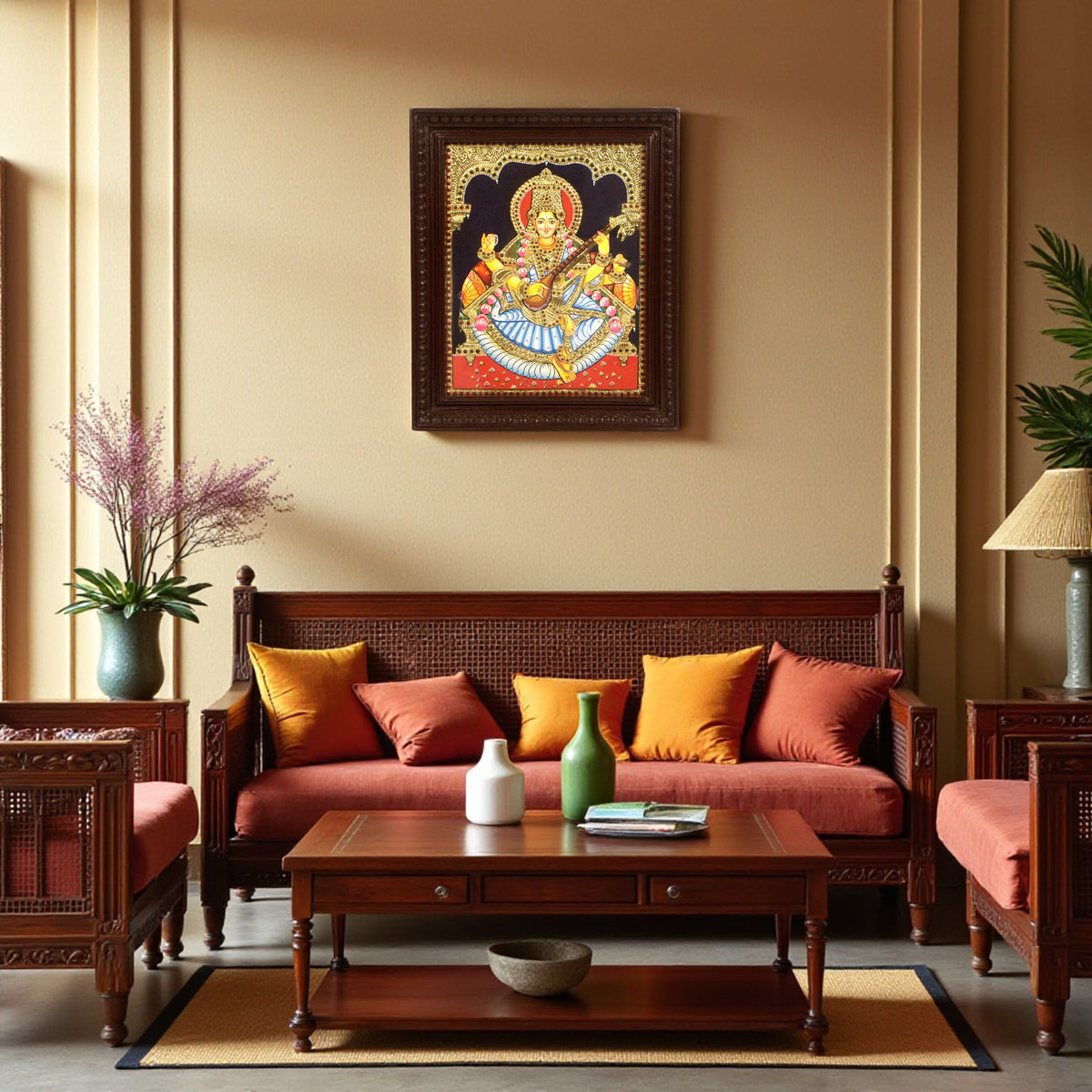 Saraswathi Tanjore painting with gold foil detailing