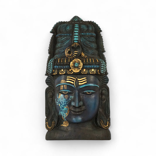 Hand-carved Shiva face wooden wall relief decor