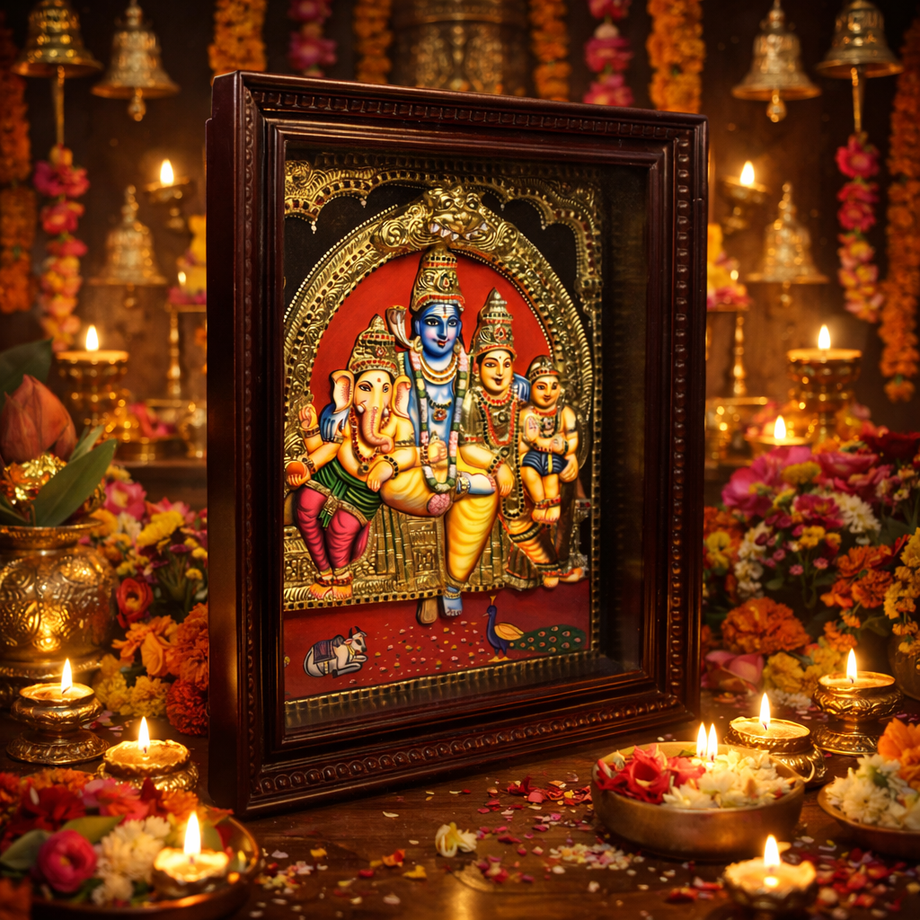 Shiva Family Tanjore art with gold foil and gems