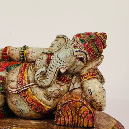 Relaxed Ganesha Old Polish Blue Wood Sculpture