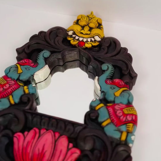 Traditional elephant lotus wooden mirror frame