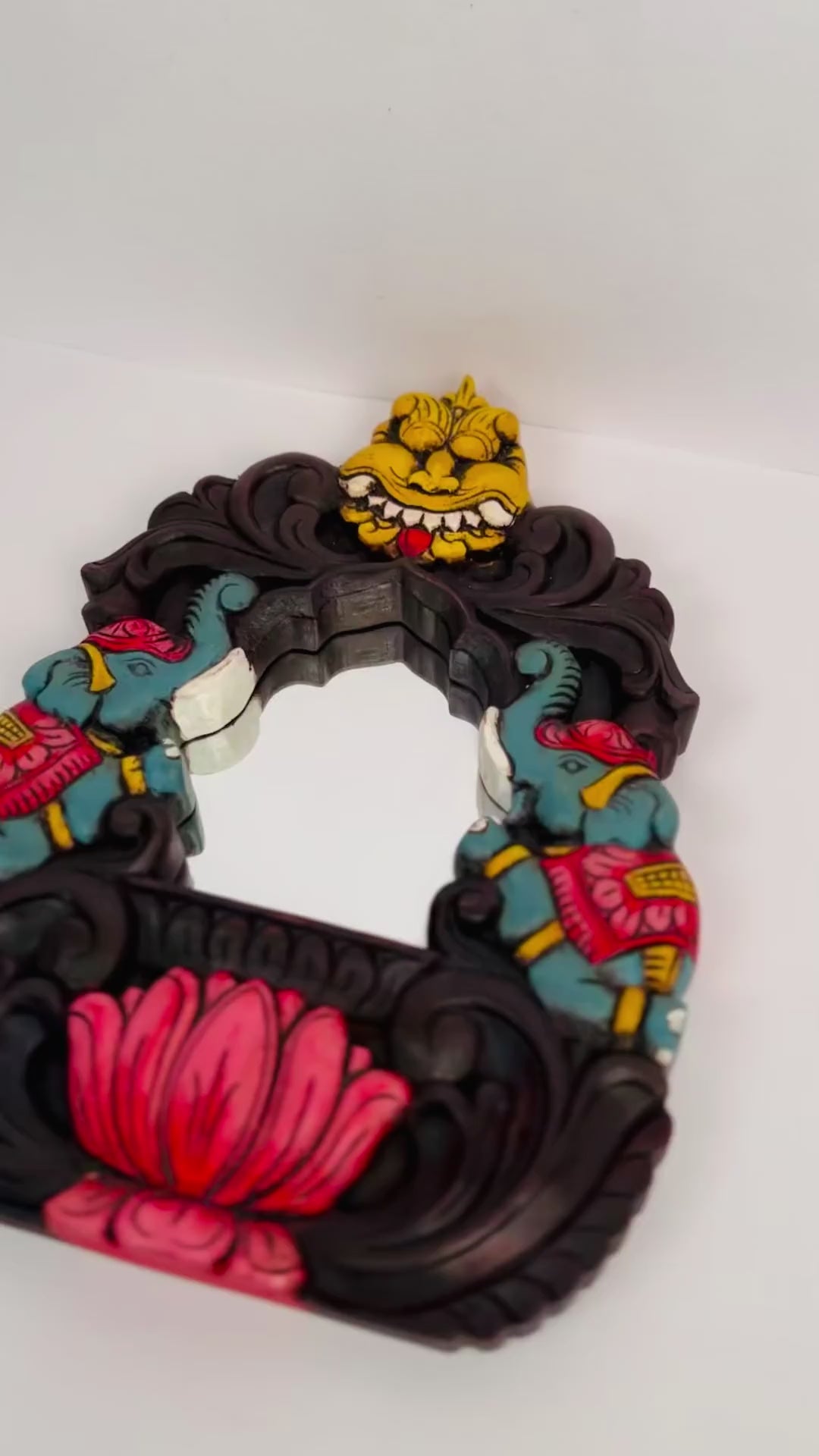 Traditional elephant lotus wooden mirror frame