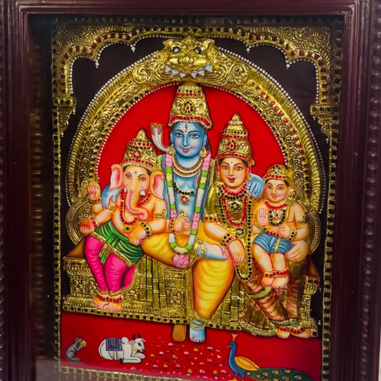 Shiva Family Tanjore art with gold foil and gems