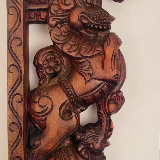 Polished Yaali elephant hand-carved wooden temple bracket decor