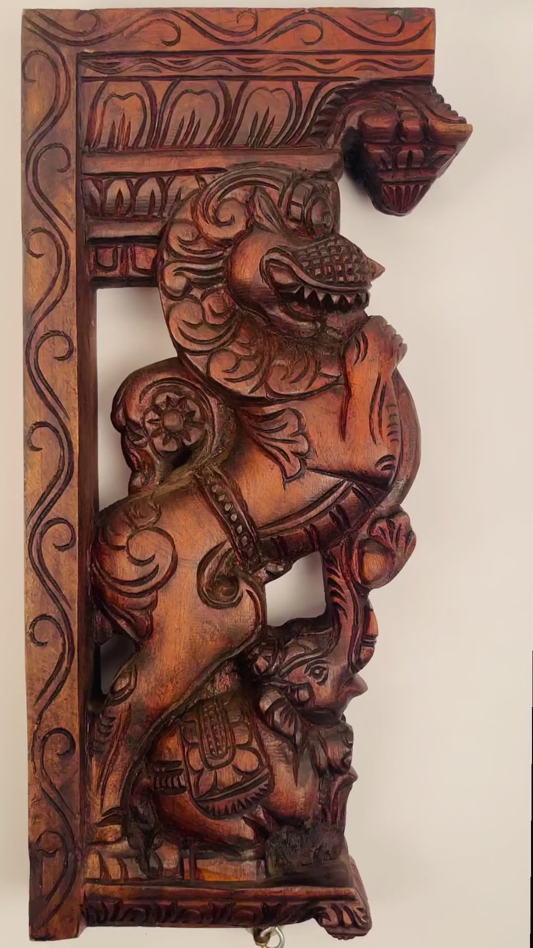 Polished Yaali elephant hand-carved wooden temple bracket decor