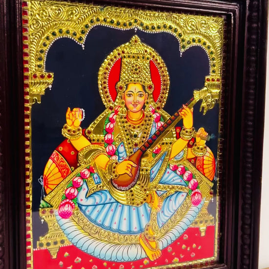 Saraswathi Tanjore painting with gold foil detailing
