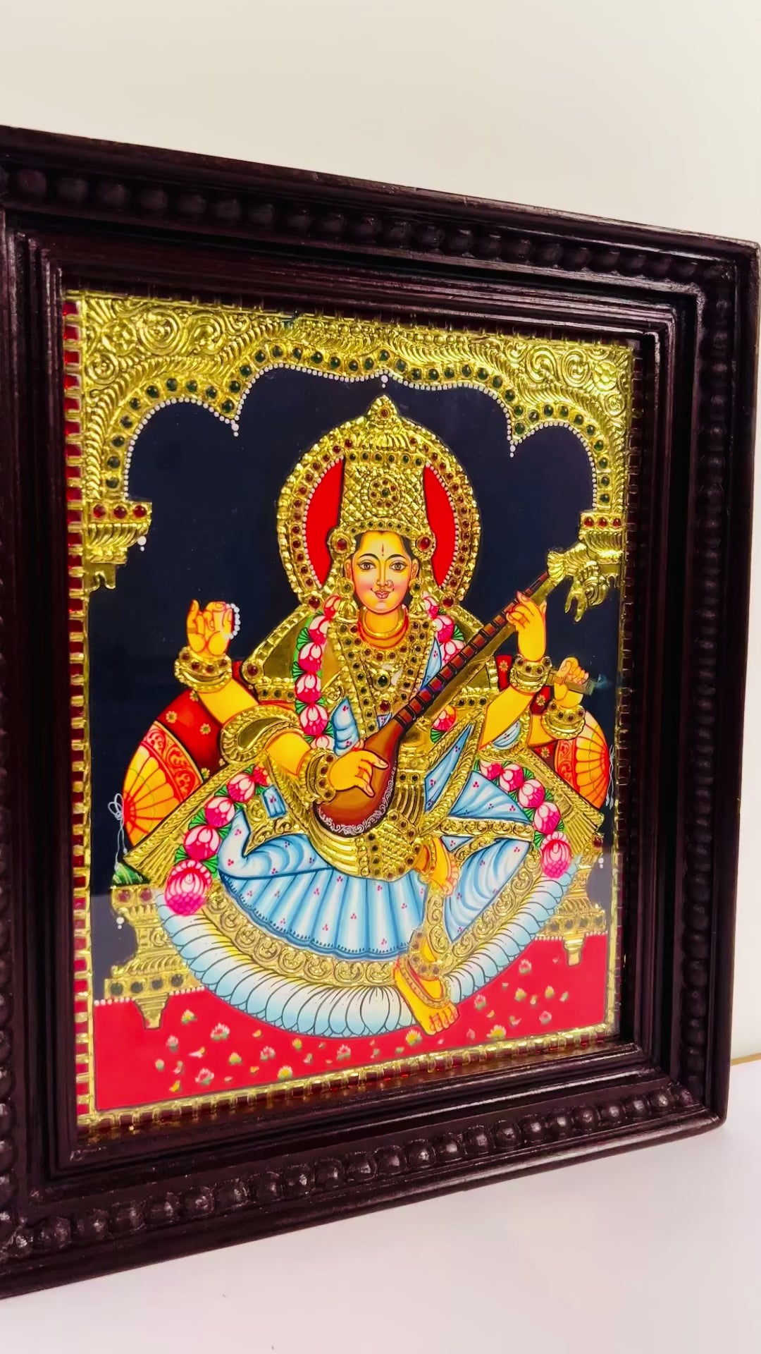 Saraswathi Tanjore painting with gold foil detailing